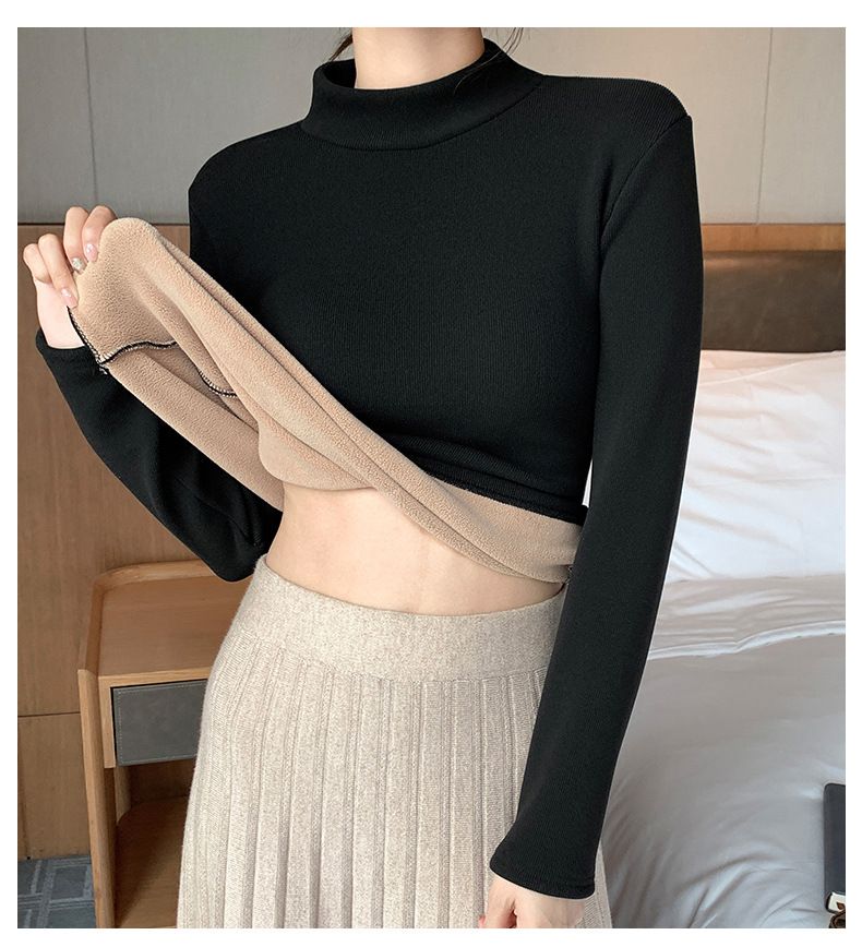 Vêtements pour femmes sous-vêtements demi-col roulé coupe ajustée pull tricoté chemise de base plus haut chaud en velours petit col roulé manches longues pour femmes_voghion.com