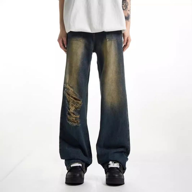 American retro drape denim jeans, men's hip-hop loose edge floor mop pants, street hip-hop design sense_voghion.com