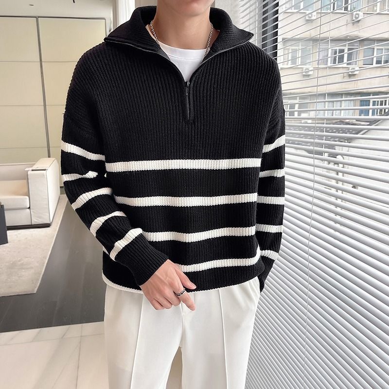Maglione a righe con cerniera a collo alto e mezza lunghezza, da uomo, autunno e inverno_voghion.com