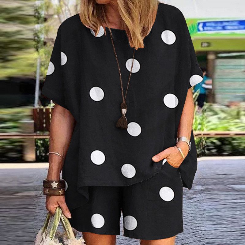 Frauen kleidung = polka dot print rundhals lose kurzarm shorts zwei-stück anzug_voghion.com