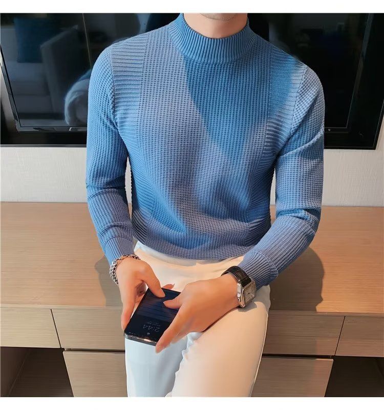 Herrenbekleidung Herren-Basispullover Frühling und Herbst neuer Slim Fit-Pullover mit mittlerem Halsausschnitt im koreanischen Stil mit halbhohem Kragen_voghion.com