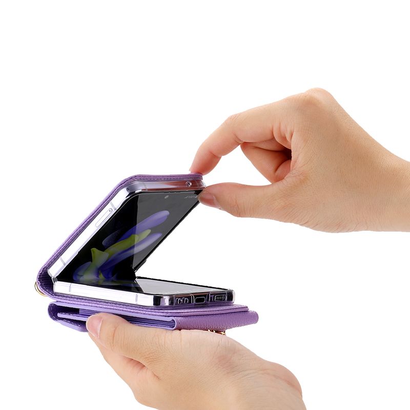 Bolsa de moedas com zíper Bolsa de couro transversal Bolsa carteira para Samsung Z Flip 6 4 5 3 Flip3 Alça de pescoço Alça de ombro Capa porta-cartão_voghion.com