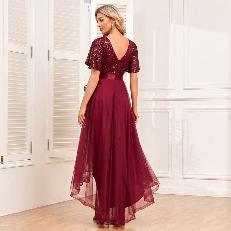 Robe de soirée élégante à volants et manches courtes pour femme avec taille élastique et jupe longue irrégulière en tulle moelleux_voghion.com