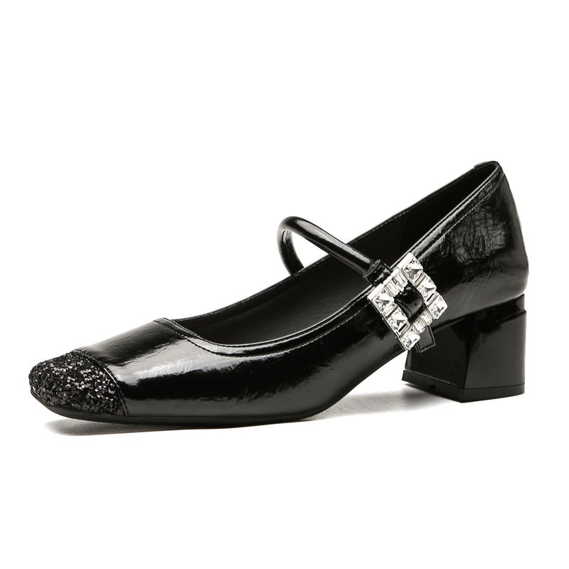 Water Diamond Silver Damen Sommer High-End-Feeling High Heels Square Toe Chunky Heel Mary Jane Einzelschuhe Alltagskleidung_voghion.com