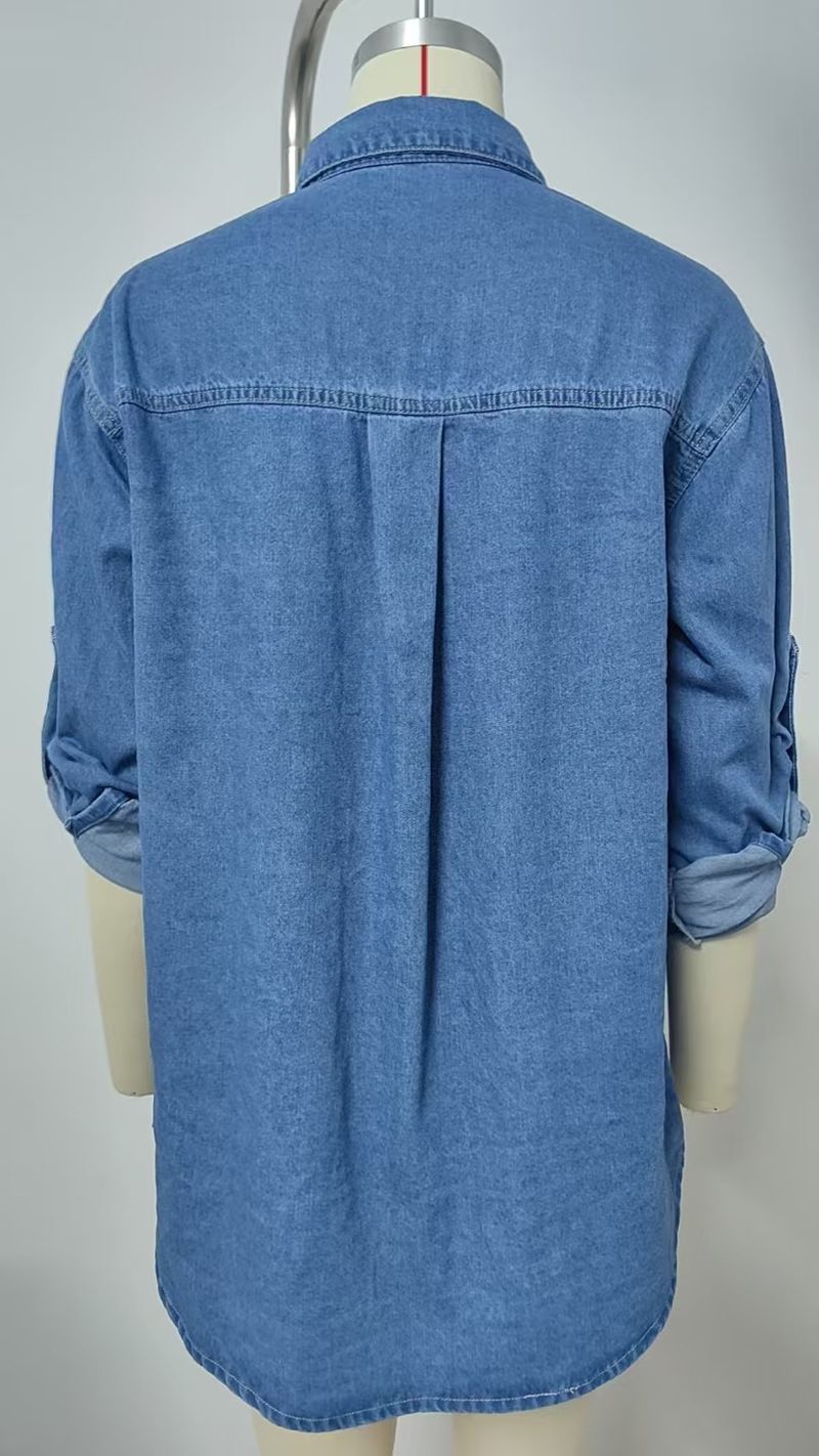 Camicia in denim con maniche regolabili effetto vintage per donna – Top casual oversize con dettagli rovinati (azzurro chiaro, blu scuro) – S/M/L/XL_voghion.com