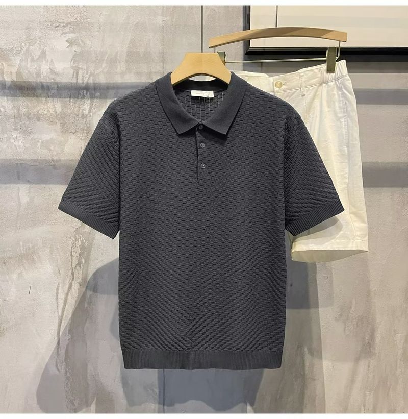 Herrenbekleidung Sommer New Ins Revers Kurzarm Poloshirt Herren Leichtes Luxus All Match Einfarbiges Kariertes Textur T-Shirt_voghion.com