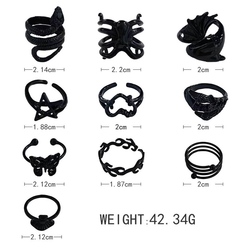 Ensemble de 10 bagues de personnalité exagérées en plaqué noir, motif papillon, cœur, champignon, pentagramme, patte de serpent_voghion.com