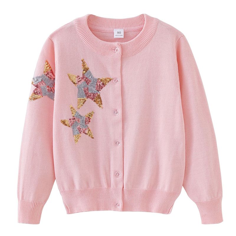 "Weiche Baumwoll-Strickjacke für Mädchen – Sternstickerei, lange Ärmel, Knopfleiste vorne, europäischer Stil (3–8 Jahre, 100–140 cm)"_voghion.com