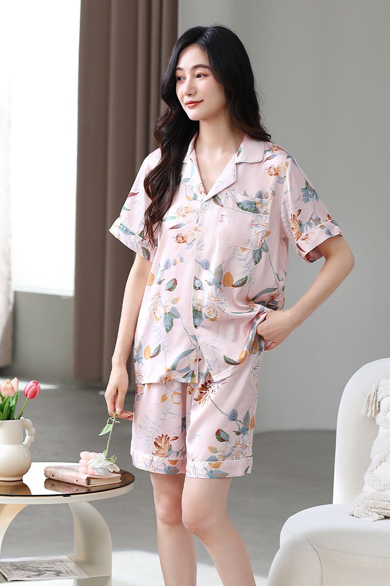 Pyjama d'été pour femme, short à manches courtes en satin glacé, sensation de soie, revers fin et frais, ensemble de vêtements d'intérieur_voghion.com
