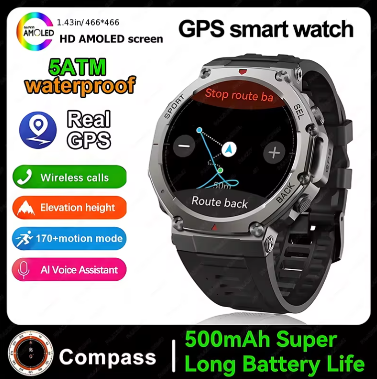 Nieuw Smartwatch 466*466 1.43 AMOLED Full Touchscreen 5ATM Waterdicht GPS 500mAh Hoge Batterij Kompas 170+ Sportmodi Voor Mannen_voghion.com