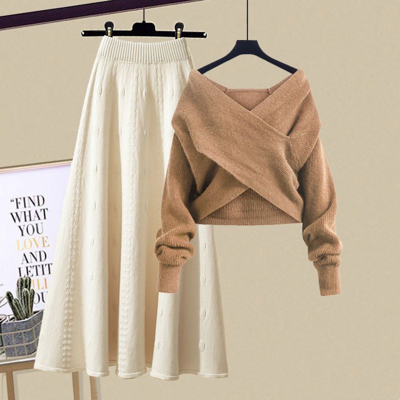 Inspired Women's Autumn Winter Knitwear Set - Oversized Sweater & Slimming Midi Skirt (Available In 4 Elegant Color Combinations)_voghion.com