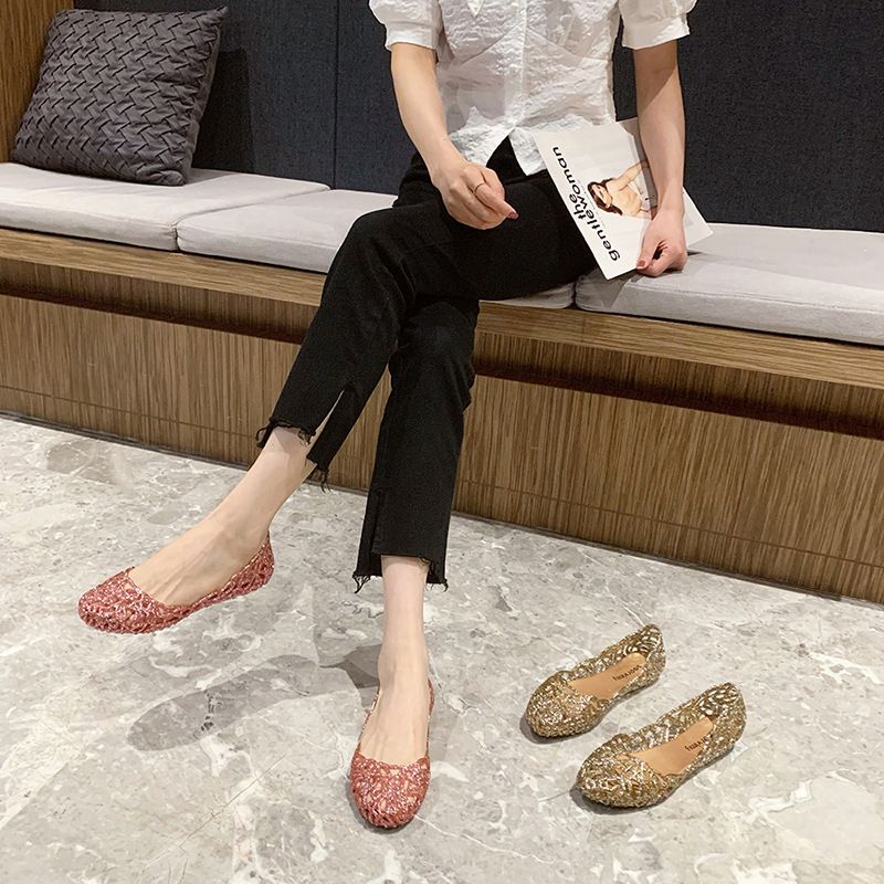 Sandali con punta cava, scarpe estive da ballo in gelatina con cristalli scintillanti, suola piatta e morbida, scarpe da spiaggia traforate per donna_voghion.com