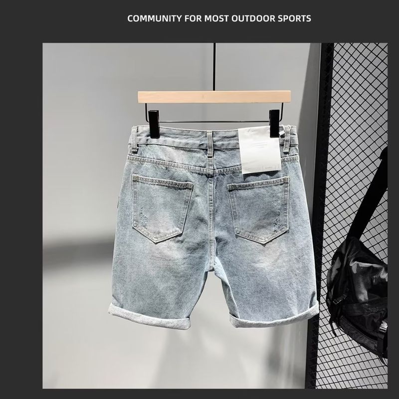 Sommer Neue Hellblau Gewaschen Einfache Und Vielseitige Denim Shorts, Herren Personalisierte Leder Label Dekoration, Jugend Fünf_voghion.com