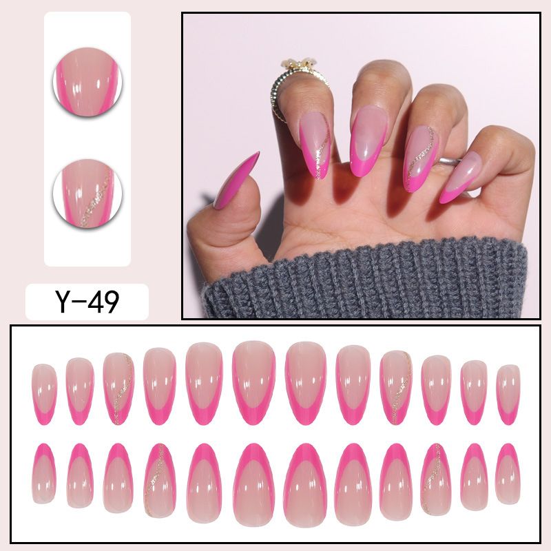 Eleganti unghie a mandorla rosa pesca con punte glitterate dorate - Unghie finte di lusso e alla moda per le donne, unghie finte riutilizzabili e alla moda_voghion.com