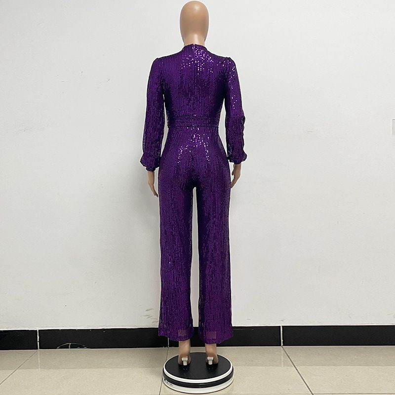 Damkläder Ins Style Deep V Mode Casual Jumpsuit Långärmat Bälte Paljett Jumpsuit Dam_voghion.com