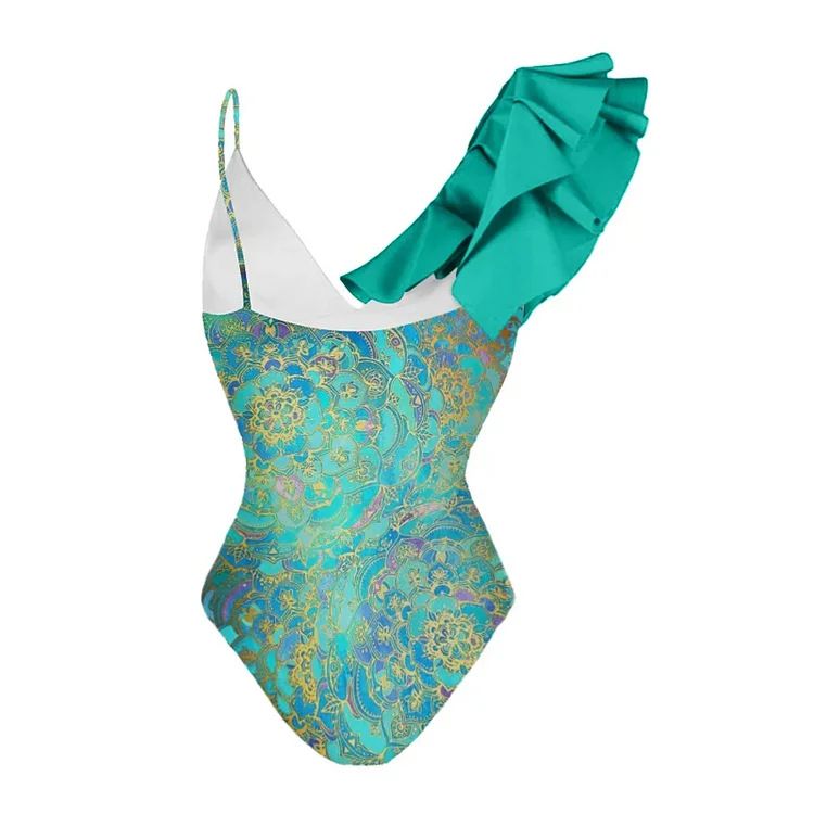 Nouveau maillot de bain une pièce pour femmes avec maillot de bain une pièce imprimé de style ethnique à volants et jupe portefeuille_voghion.com
