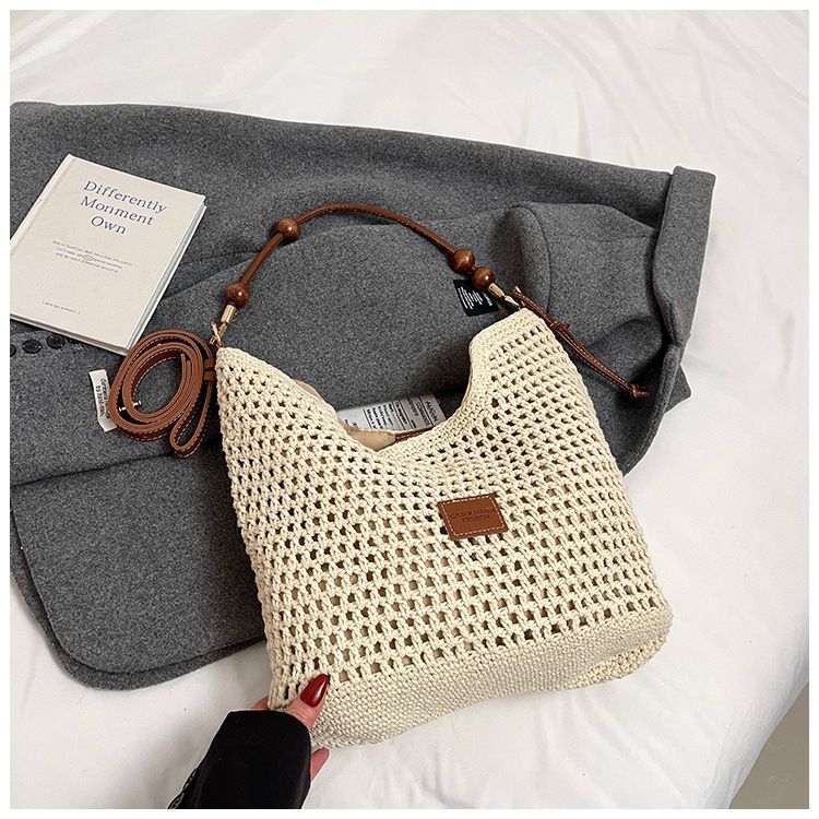 Borsa a tracolla singola in maglia lavorata a maglia con design cavo, per donna, primavera estate 2025, grande capacità, in tessuto, stile pastorale, da spiaggia_voghion.com