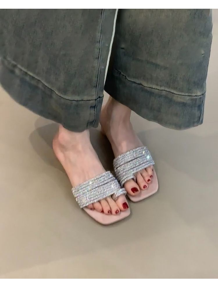 Lan Cabinet Edition ~ French Rhinestone Open-Toe Sandals For Women, Elegant And Gentle, Open Toe Square Head Slippers,_voghion.com
