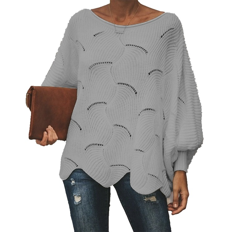 Unregelmäßiger lockerer Pullover mit Fledermausärmeln und ausgehöhltem Pullover für Damen_voghion.com