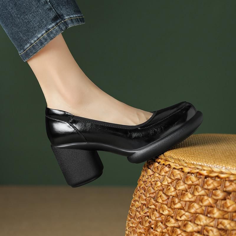 2025 Spring New Genuine Leather Chunky Round Toe Color Block Women's High Heel Waterproof Platform Gunmetal Lazy Slip-On_voghion.com