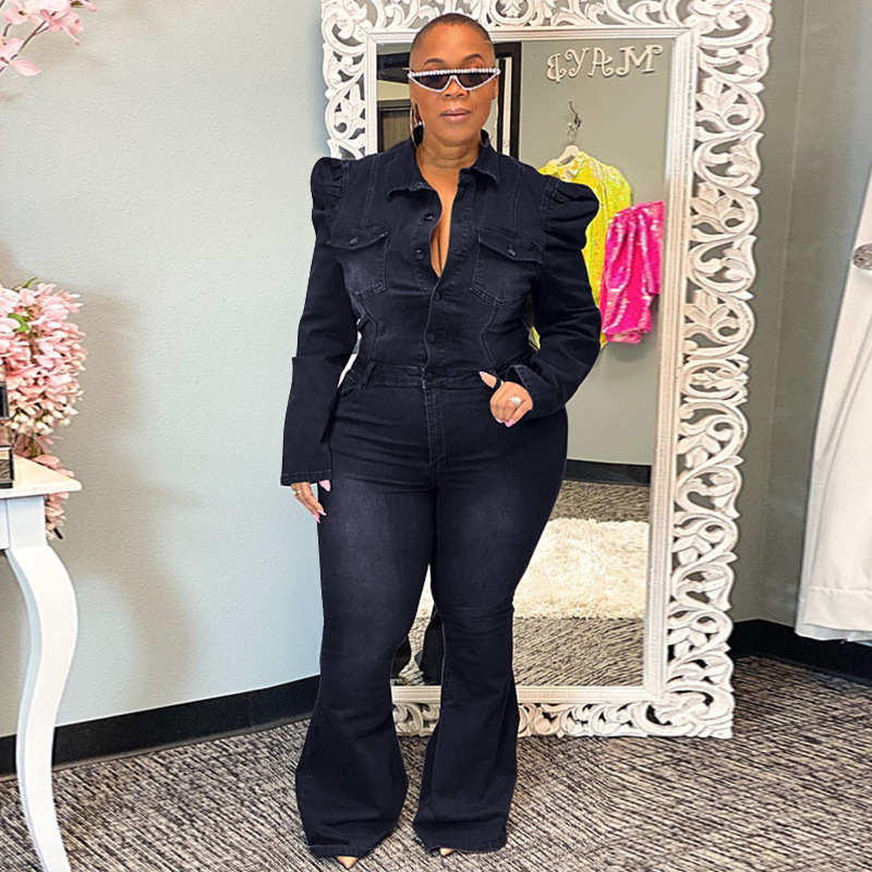 Cross Border Denim Vasket Mote Avslappet Slank Jumpsuit Stor Størrelse Damejumpsuit_voghion.com