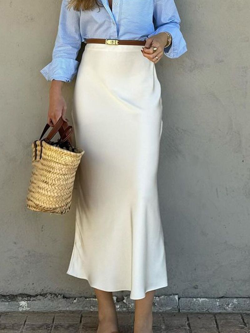 Gonna a tubino aderente elegante a vita alta per donna - Gonna midi in raso elasticizzato per ufficio e feste - Abito da lavoro e da sera alla moda in tinta unita_voghion.com