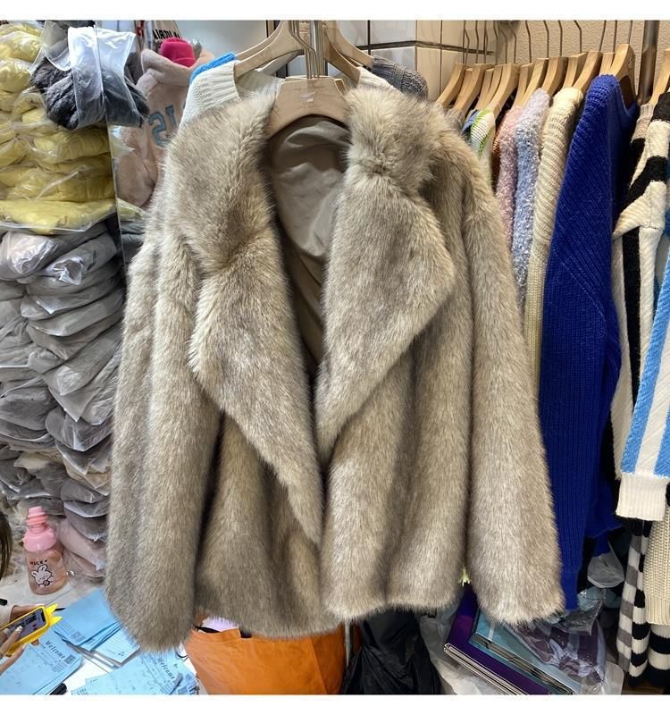 Women's Clothing Luxury Faux Fox Fur Coat Women's Longline Casual Oversized Lapel Plush Jacket - Coffee Tip / White With Yellow Tip_voghion.com