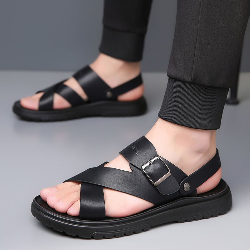 Sandali da spiaggia in pelle da uomo, nuovi, estivi 2025, con suola morbida, traspiranti, multifunzionali e alla moda_voghion.com