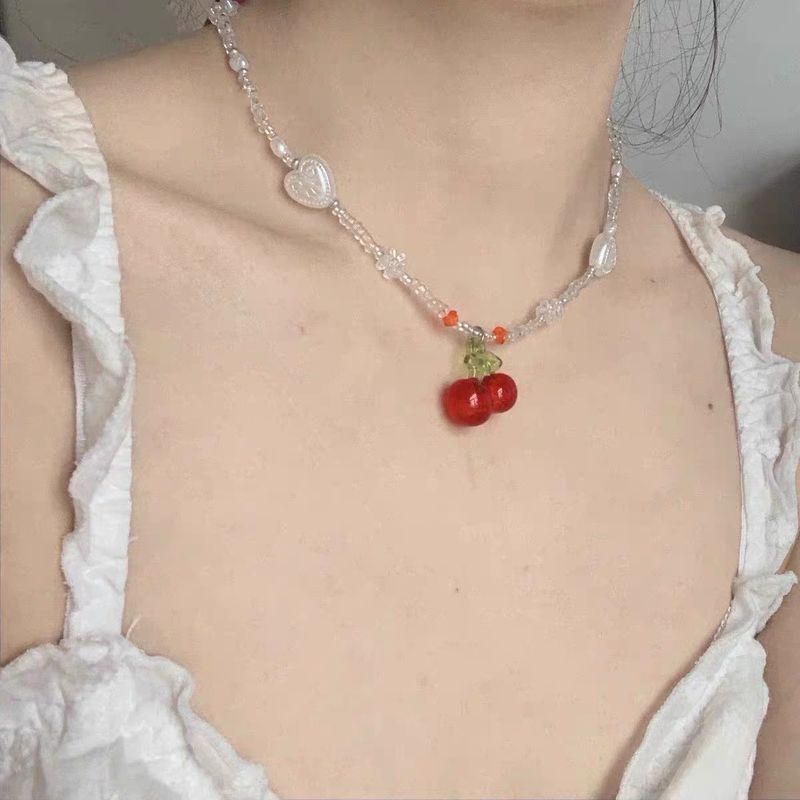 Heiße Verkäufe Y2K Rotes Herz Perlen Halsband Frauen Boho Perlen Kirsche Anhänger Halsketten Vintage Unregelmäßigen Egirl Halskette Schmuck_voghion.com
