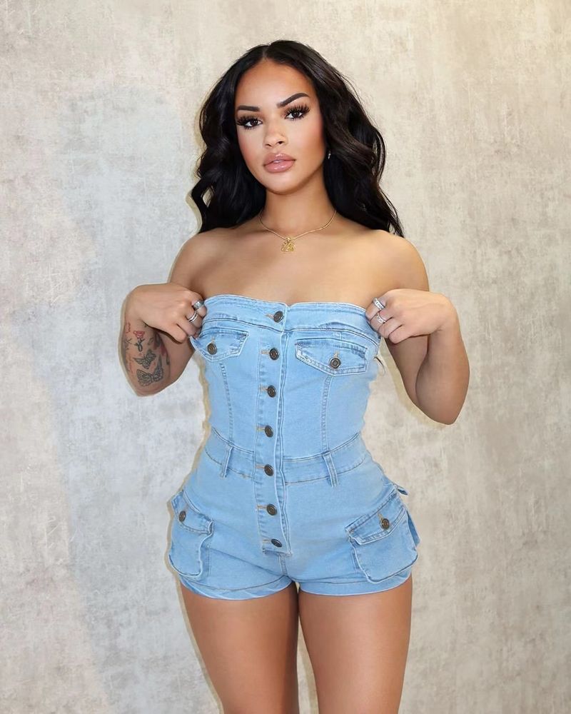 Nuovi jeans da lavoro sexy senza spalline multitasche con più bottoni, tuta da donna_voghion.com