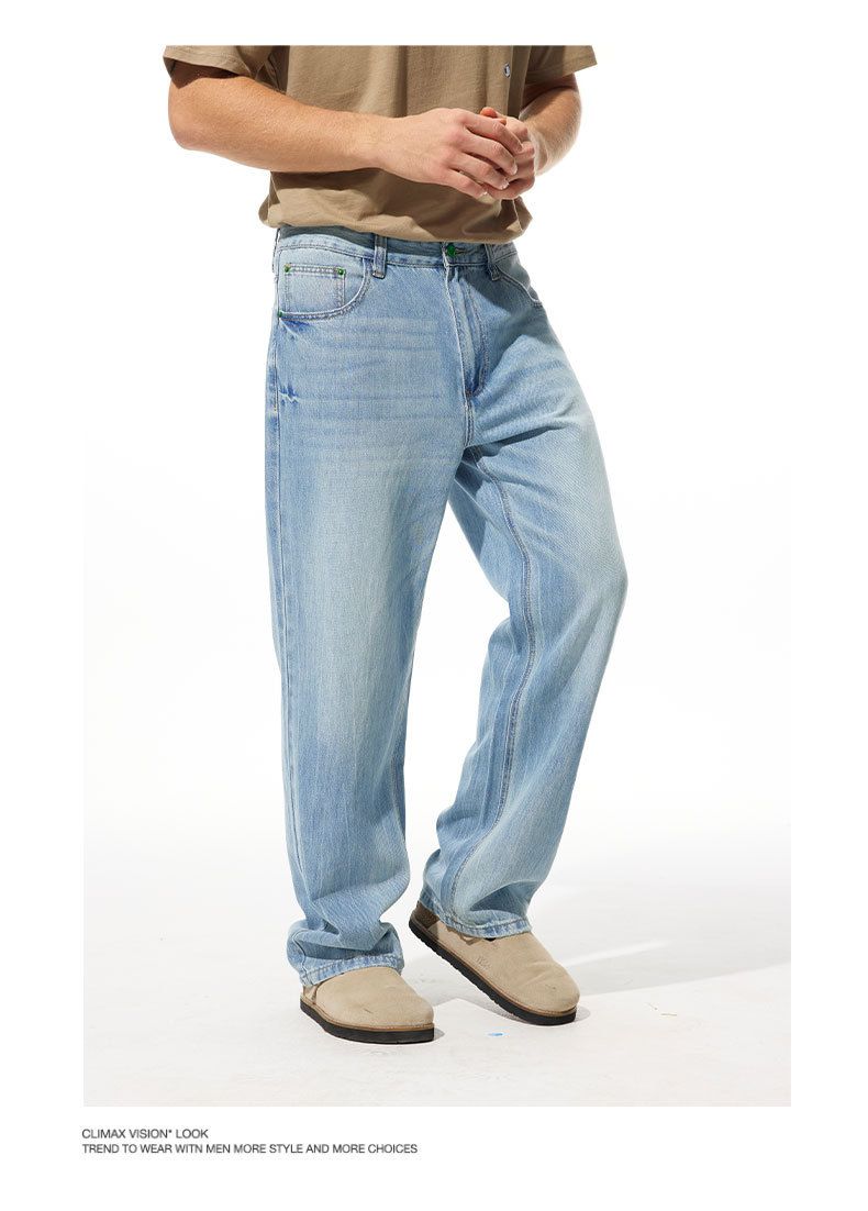 Men's Clothing Lightweight Tencel Lyocell Cool Stretch Washed Jeans - Loose Straight Leg Pants With Japanese Style (Light Blue)_voghion.com