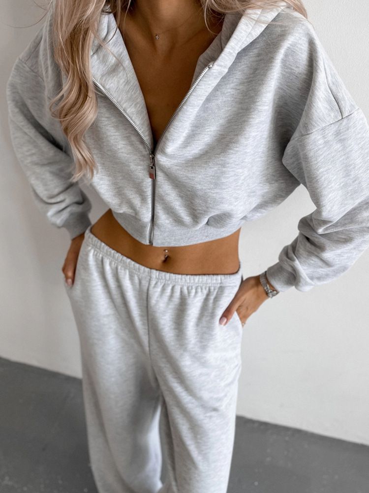 Women's Hooded Zip-Up Sweatshirt & Jogger Set (Breathable Poly-Cotton, Pink/Stone Grey/White, S/M/L/XL, Streetwear Essentials)_voghion.com