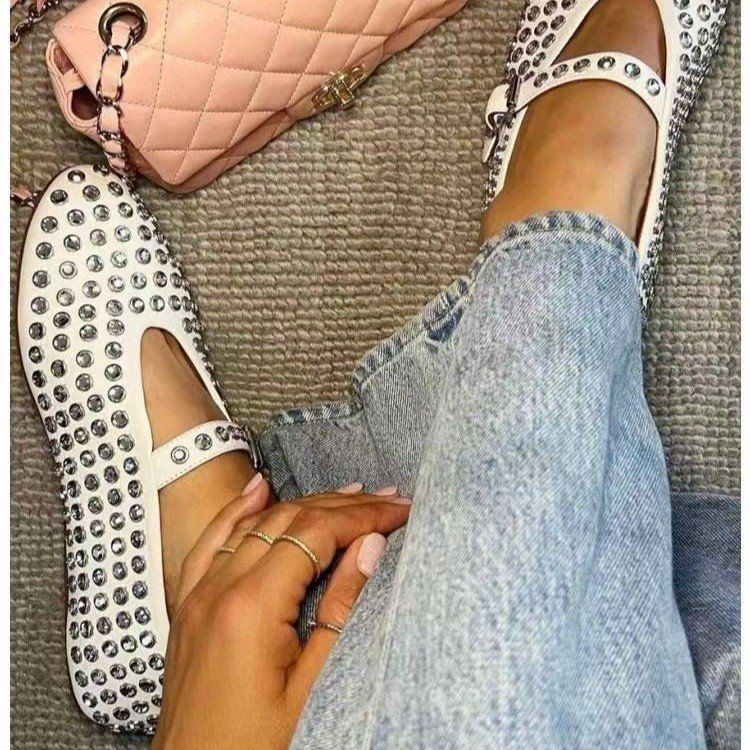 Große runde Zehenpartie aus Leder mit Strasssteinen für Damen im Freien, 2025 Sommer, neuer modischer, vielseitiger Einzelschuh_voghion.com
