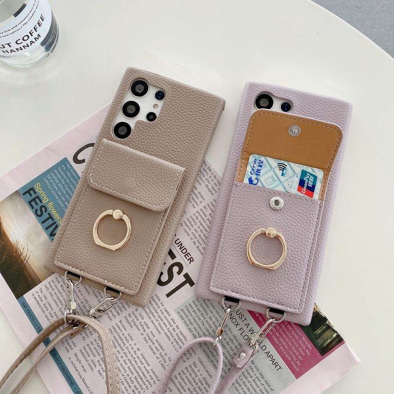 Mobile phone case Suitable for Samsung S23Ultra litchi pattern card ring buckle lanyard mobile phone case S21/S22/A52 cross-border model_voghion.com