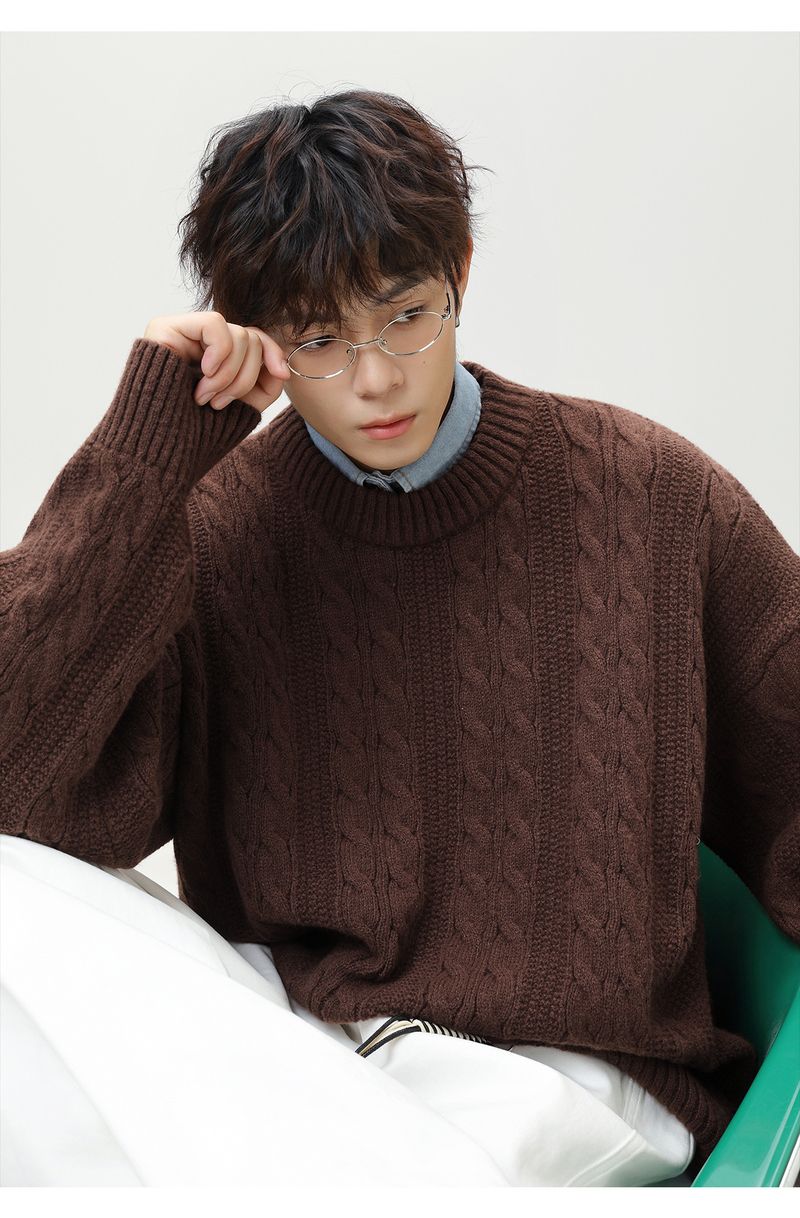 Maglione retrò in maglia a trecce per uomo, pullover pesante e spesso con classico scollo rotondo, stile streetwear e vintage_voghion.com