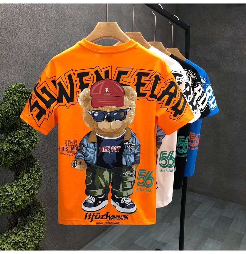 Herrenbekleidung Kurzarm-T-Shirt mit Cartoon-Bär-Aufdruck für Herren, Sommermode, All-Match, lässiger Rundhalspullover, lockeres Oberteil_voghion.com