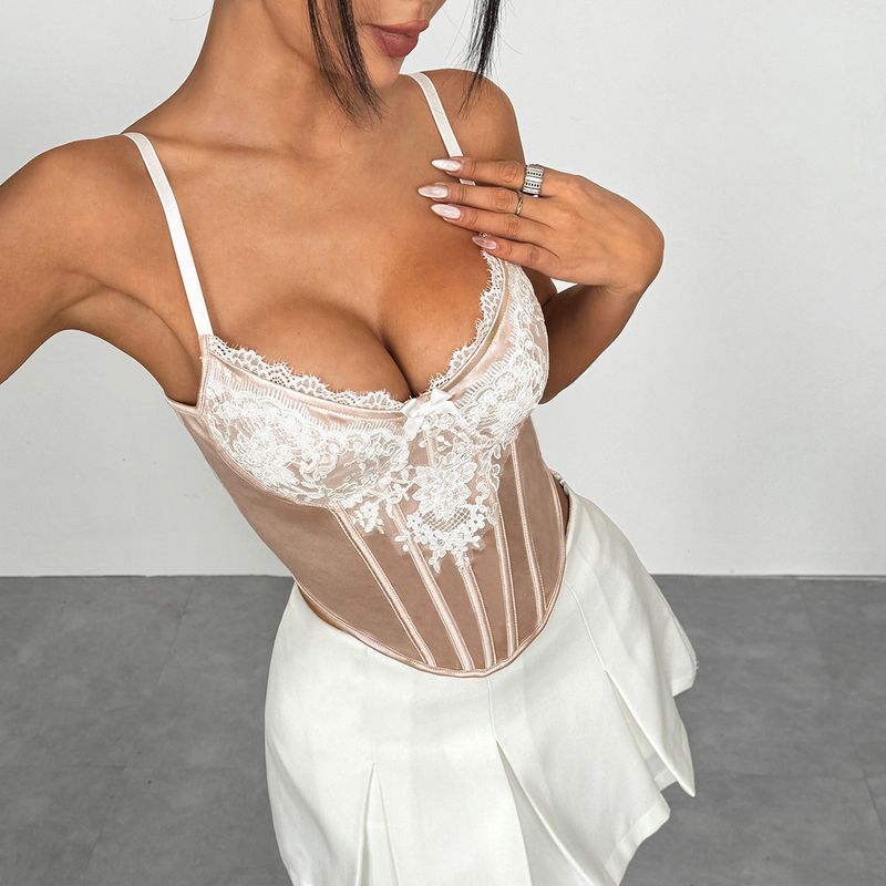 Top con ferretto e schiena a rombi in raso altamente elasticizzato con pizzo e ricami in rete da donna - Beige (S/M/L)_voghion.com