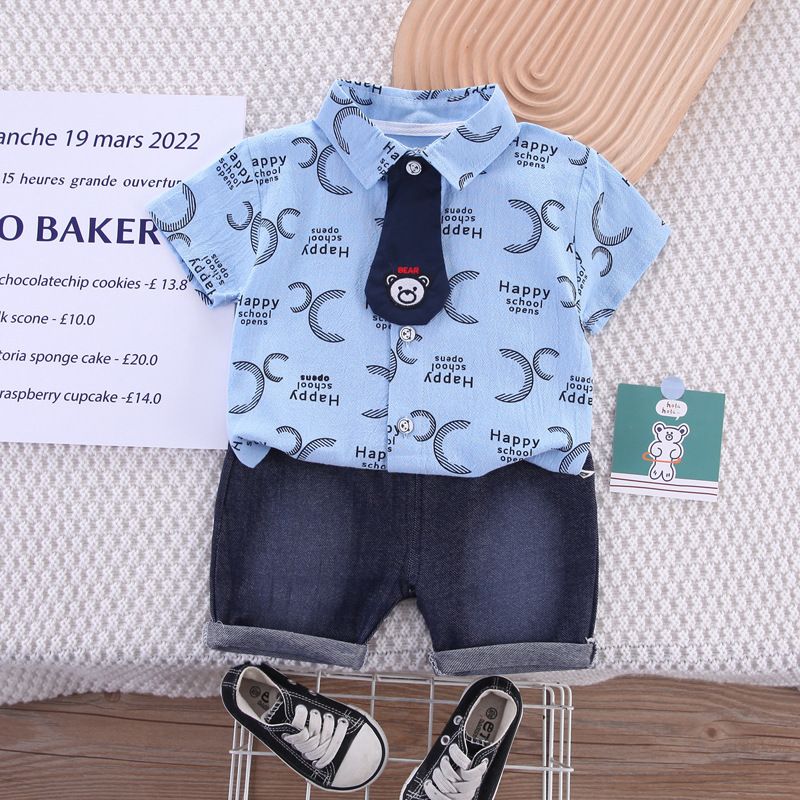 Korean version of children's cartoon cute printed lapel T-shirt short sleeved summer 2024 boys tie shirt two-piece set_voghion.com