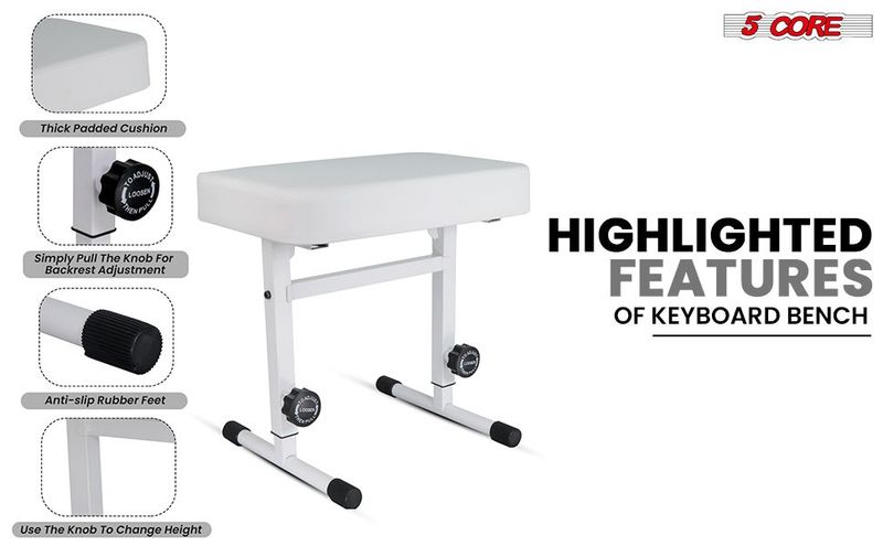 5 CORE Keyboard Bench Piano Stool T Style White Thick Padded Cushion Seat | Height Adjustable 17 To 22 Inch | Keyboard Chair (PU Leather) KBB H-ADJ WH_voghion.com