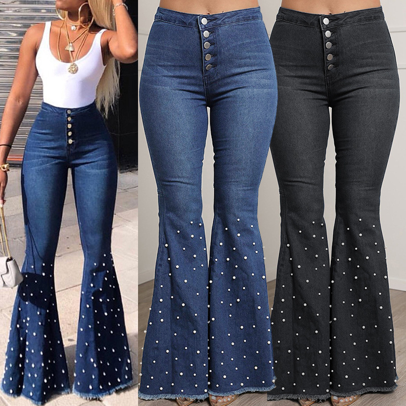 Stretch-casual jeans met uitlopende pijpen en kralen voor dames_voghion.com
