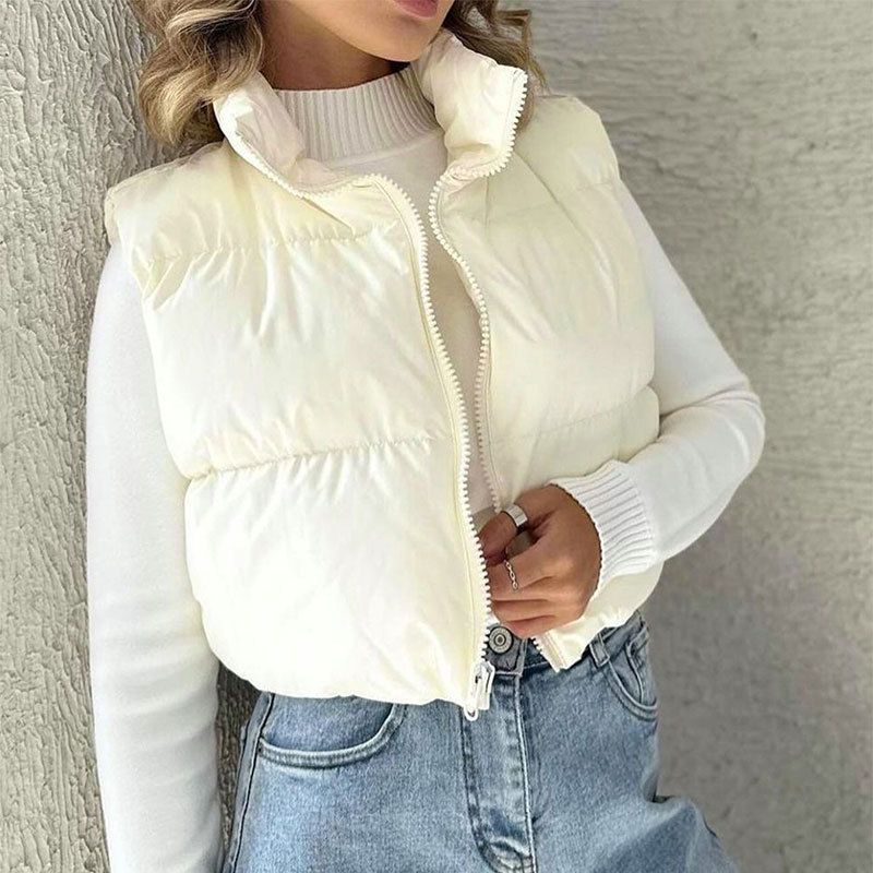 Gilet trapuntato da donna con collo alto, giacca imbottita senza maniche per autunno inverno, moda streetwear in bianco, nero, grigio_voghion.com