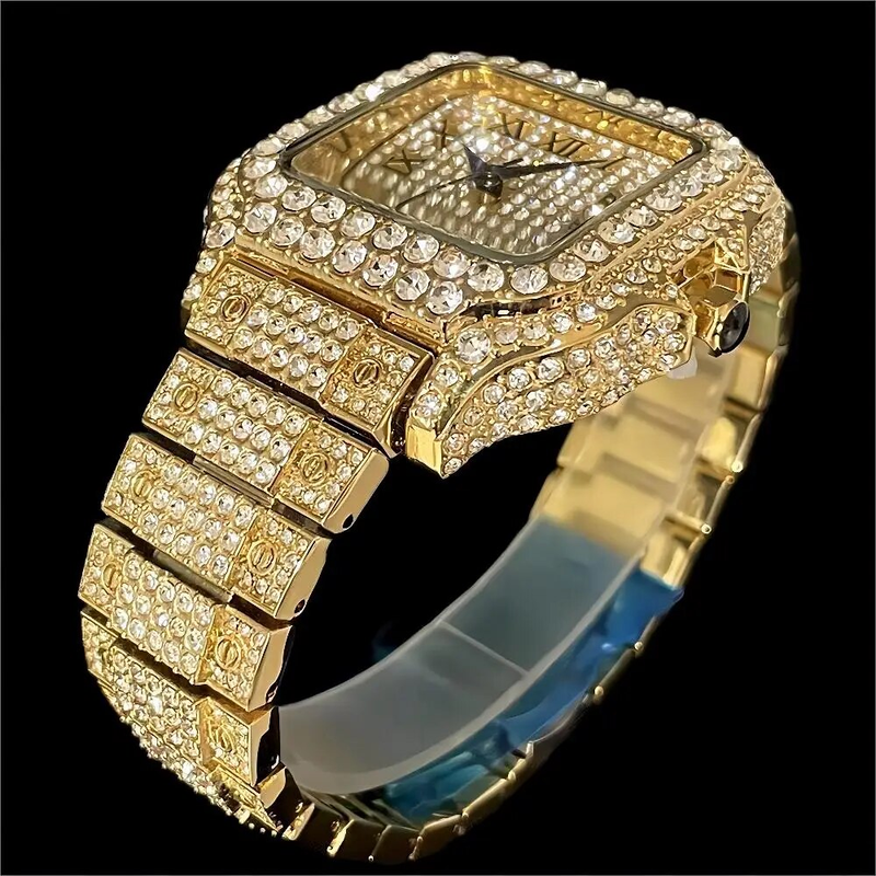 MissFox - Men's Luxury Quartz Watch, Date Present, Hip Hop, Ice Diamond, Shiny, Square, Direct Shipping_voghion.com