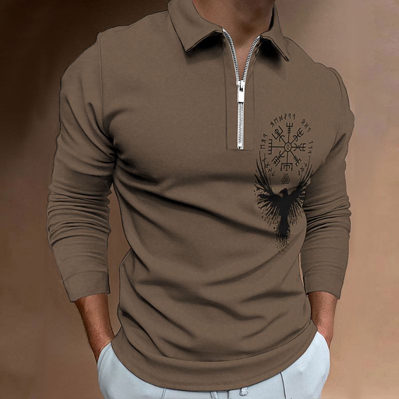 Langärmliges Poloshirt mit Adler-Print für Herren mit Reißverschluss für Herbst und Winter_voghion.com