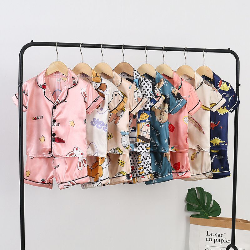 Novedades de verano para niños y niñas, pijamas tipo cárdigan con dibujos animados, pantalones cortos de seda helada para bebés, ropa de casa para niños, traje._voghion.com