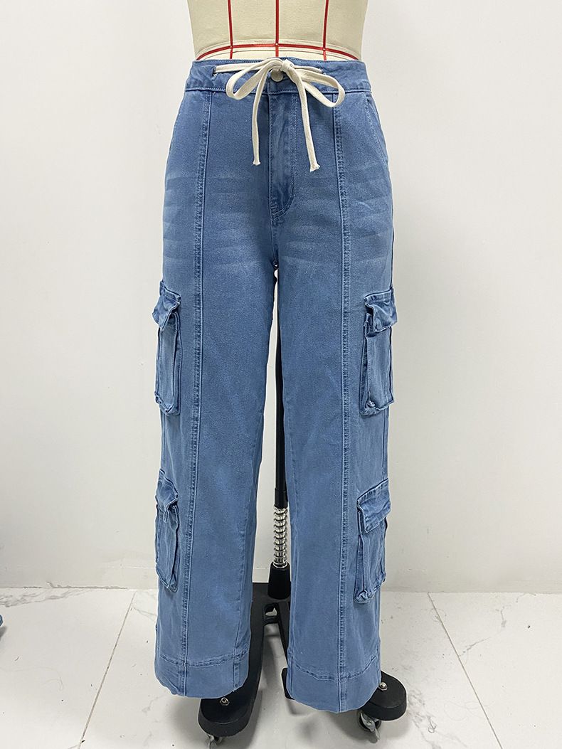 Roupas femininas primavera novo macacão lavado de rua feminino multi bolso perna larga renda jeans_voghion.com