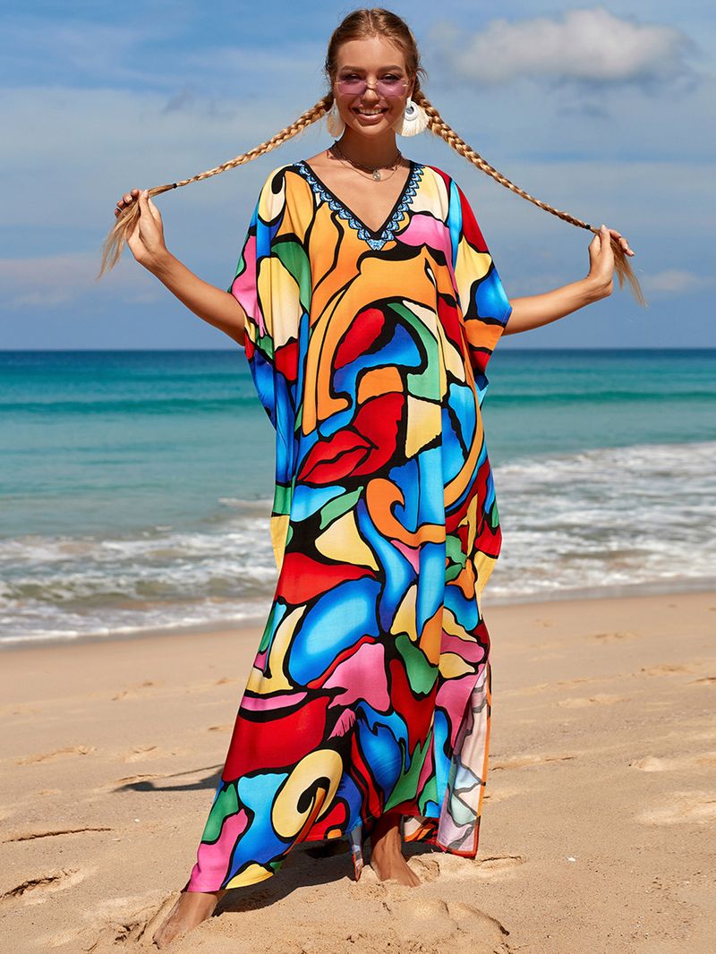 Strandkleid aus 100 % Baumwolle für Damen – Sonnenshirt mit Boho-Print, locker sitzende Bademode, Langarm-Tunika für den Urlaub am Pool_voghion.com