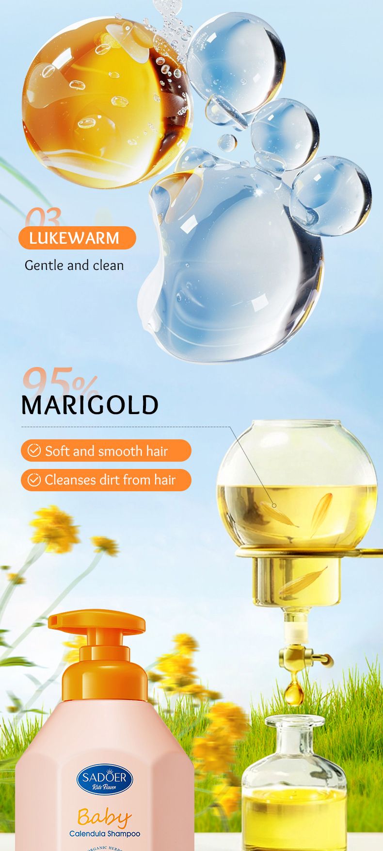 Shampoo detergente volumizzante agli aminoacidi SADOER Calendula Smooth All English_voghion.com