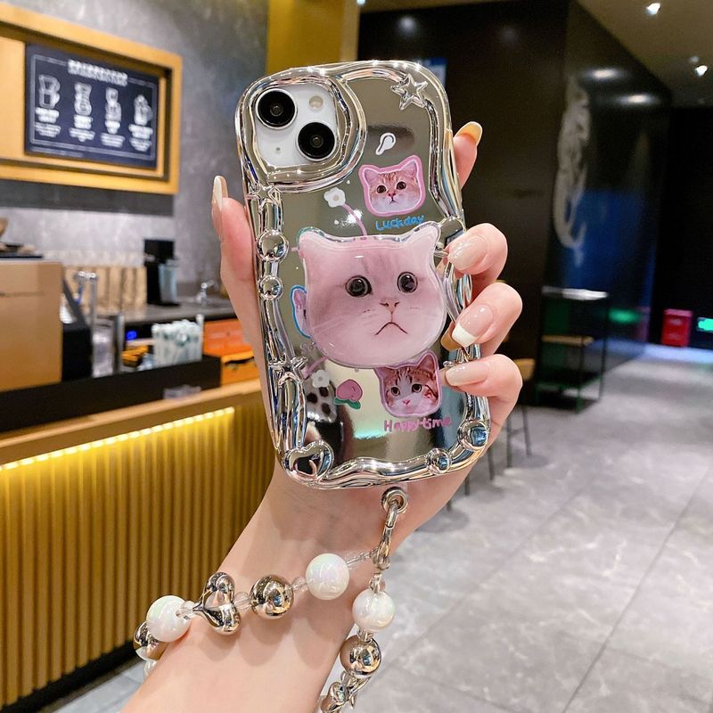 Three-dimensional wave applicable iPhone14PRO electroplated mirror cat bracket drop-resistant soft case  15 phone case_voghion.com