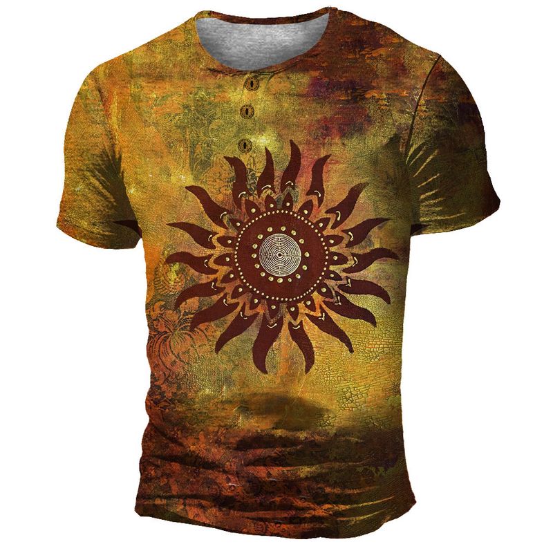 2025d Summer Men's Digital Print Fun Sun Pattern Casual Henley Neck 3-Button Short Sleeve T-Shirt_voghion.com