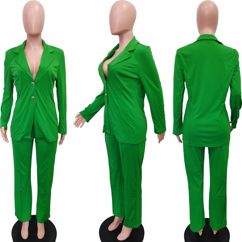 Women's Clothing solid color suit collar button two piece suit_voghion.com